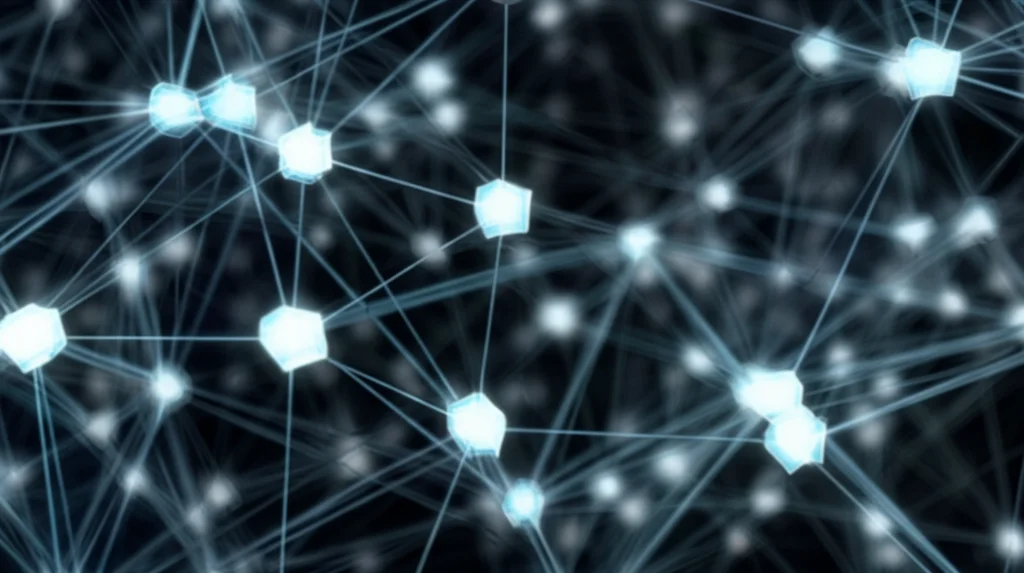 Scatto grandangolare, 15 mm, rappresentazione astratta delle connessioni di rete neurale che brillano blu e grigio, focalizzati acuti sui nodi centrali, che simboleggiano i dati di elaborazione dell'IA, una lunga esposizione.