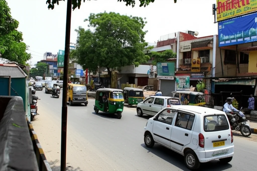 Fotografia realistica di una strada trafficata in una città indiana di medie dimensioni. Si vedono tuk-tuk, moto e auto. Ai lati della strada, edifici bassi e alcuni alberi sparsi lungo i marciapiedi. Luce diurna intensa. Obiettivo zoom 35mm, profondità di campo media, alta definizione.