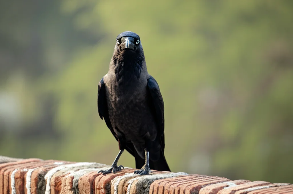 Primo piano di un Corvo delle case (Corvus splendens) posato su un muro di mattoni in un contesto urbano indiano. L'uccello guarda verso l'osservatore. Fotografia naturalistica, obiettivo macro 105mm, messa a fuoco precisa sull'occhio e sulle piume nere lucide, sfondo leggermente sfocato, luce naturale laterale, alto dettaglio.