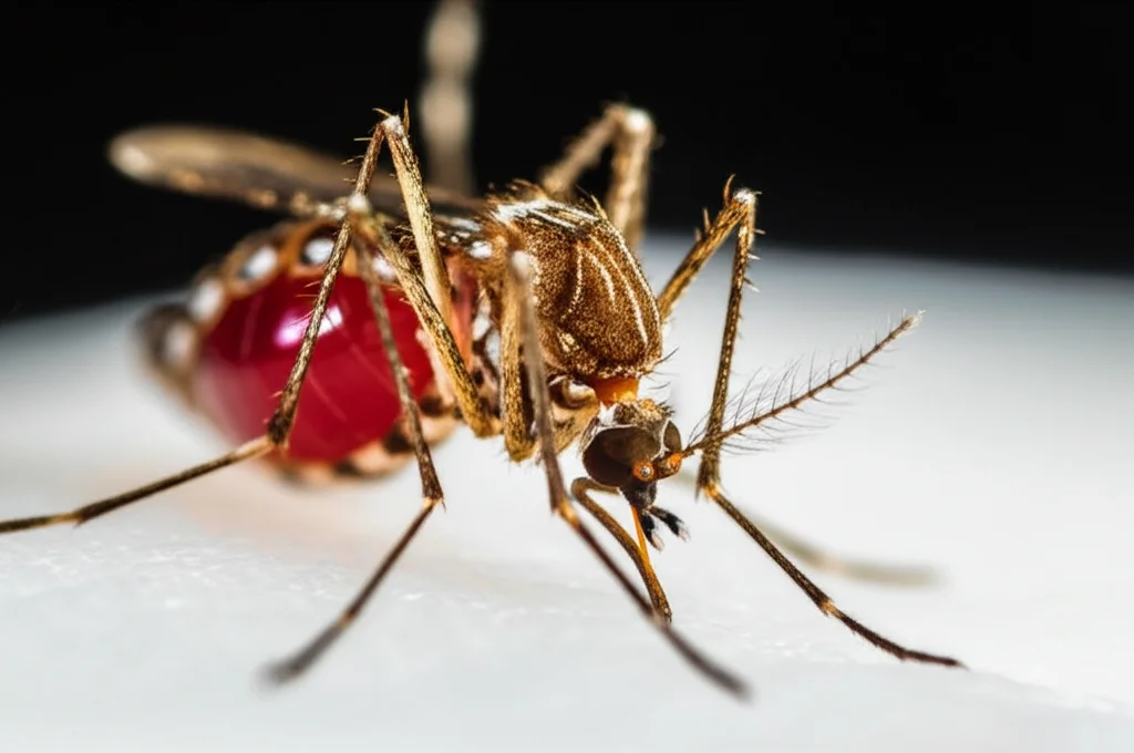 Foto macro ravvicinata di una zanzara Aedes aegypti, lenti macro da 100 mm, dettagli elevati, concentrazione precisa sulle gambe e il corpo a strisce, illuminazione da studio controllata.