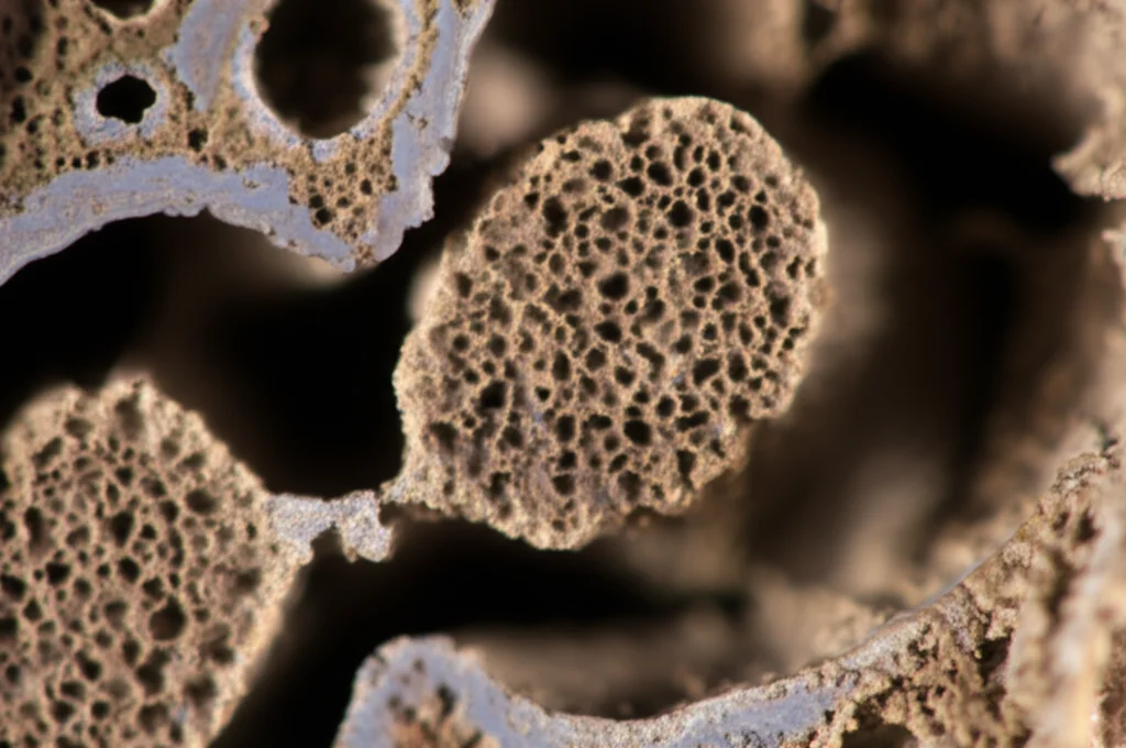 Fotografia macro di una sezione di osso estremamente denso e compatto, tipico dell'osteopetrosi, illuminazione controllata per evidenziare la mancanza di porosità, obiettivo macro 90mm, alta definizione.