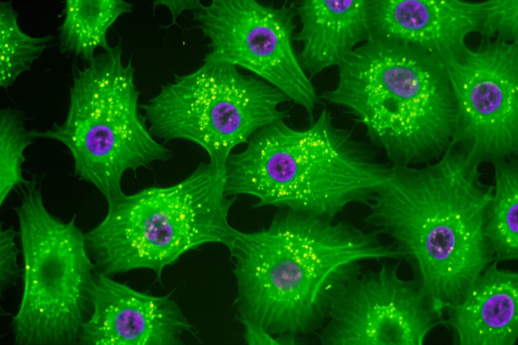 Fotografia macro di mastociti umani in coltura, visualizzati al microscopio a fluorescenza. Alcuni mastociti mostrano segni di degranulazione, con granuli visibili. Illuminazione controllata, alta risoluzione, obiettivo macro 100mm, focus preciso sui dettagli cellulari.