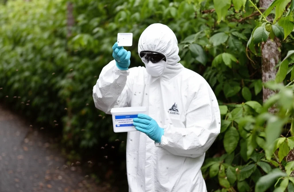 Il ricercatore sul campo in attrezzatura protettiva che rilascia attentamente le zanzare maschi sterili marcate da un contenitore in un ambiente urbano malese, il teleobiettivo zoom lente 150 mm, velocità dell'otturatore rapido che cattura il movimento delle zanzare, fogliame sfollata.