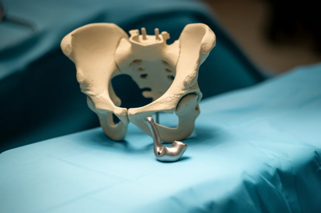 Immagine still life di un componente acetabolare triflange (CTAC) in titanio su un tavolo chirurgico sterile, accanto a un modello 3D del bacino del paziente; illuminazione precisa, obiettivo macro 100mm, alta definizione dei dettagli metallici.
