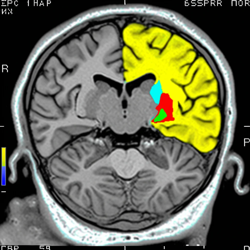 Scansione MRI 3D ad alta risoluzione del cervello umano in sezione sagittale, evidenziando le aree del lobo temporale e parietale con colori differenti per mostrare i volumi. Obiettivo 50mm prime, profondità di campo ridotta per focalizzare sull'area di interesse, illuminazione da studio controllata per massima chiarezza dei dettagli anatomici.