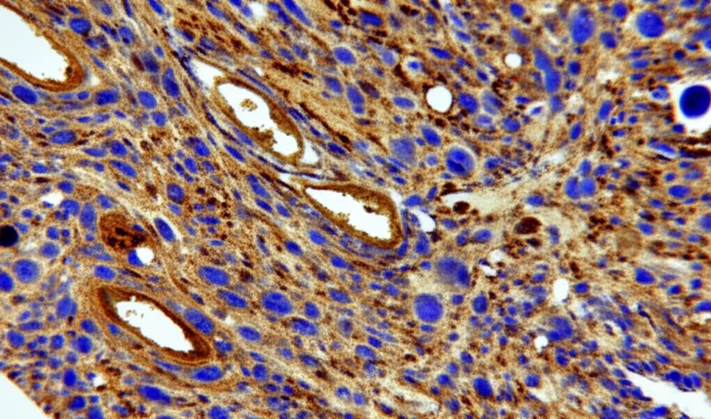 Micrografia ad alto ingrandimento di tessuto cerebrale colorato con immunoistochimica per evidenziare placche di beta-amiloide (marroni) e neuroni circostanti (blu). Obiettivo macro 100mm, illuminazione trasmessa brillante, alta risoluzione per dettagli cellulari, messa a fuoco precisa sulle placche.