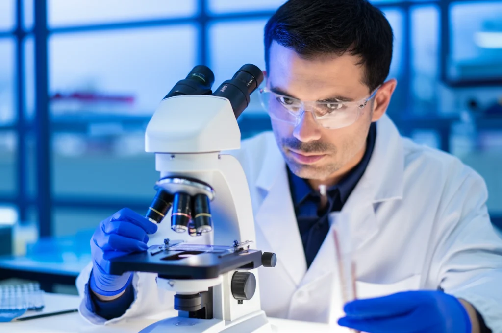 Scienziato che esamina le palette di ovitrap coperte da piccole uova di zanzare al microscopio in un ambiente di laboratorio, lenti macro 60mm, focalizzazione precisa sulle uova, illuminazione controllata, profondità di campo superficiale.