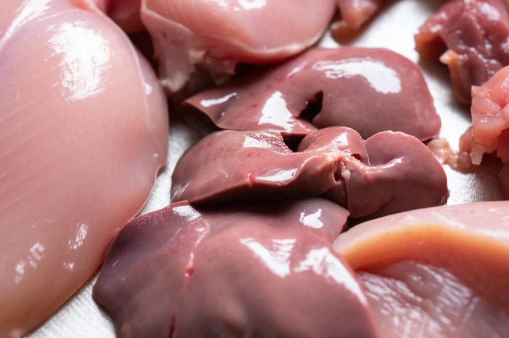 Fotografia macro di pezzi di carne di pollo cruda (petto, coscia, fegato) su un tagliere di acciaio inox, illuminazione controllata e precisa per evidenziare la texture della carne, obiettivo macro 90mm, alta definizione, messa a fuoco selettiva.