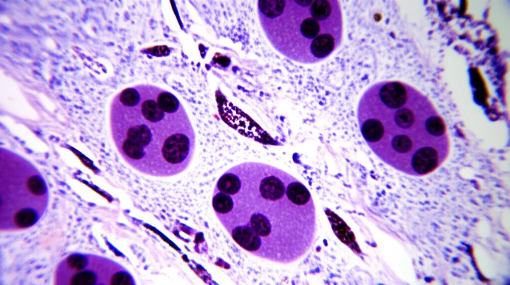 Immagine macro ad alta definizione di cellule di Langerhans viste al microscopio, obiettivo macro 90mm, illuminazione controllata per evidenziare i nuclei a 'chicco di caffè' e il citoplasma eosinofilo, sfondo leggermente sfocato per concentrarsi sulle cellule.