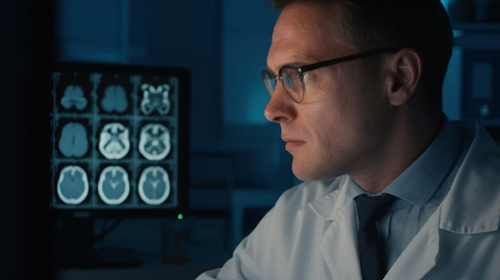 Ritratto di un ricercatore o neurologo che esamina attentamente una scansione MRI cerebrale su un monitor ad alta definizione in un laboratorio debolmente illuminato. Obiettivo 35mm, profondità di campo ridotta per focalizzare sul volto concentrato del ricercatore, luce riflessa dal monitor sul volto, atmosfera da film noir.