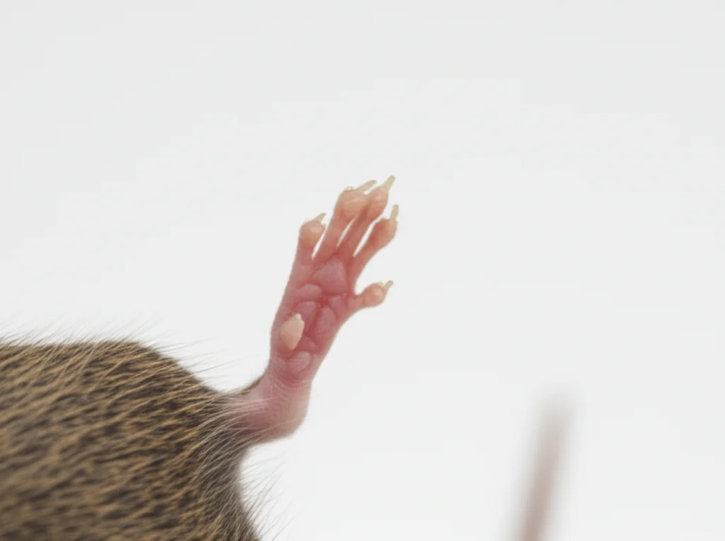 Fotografia di un topo da laboratorio C57BL/6 in un contesto sperimentale controllato. Focus sulla zampa posteriore per illustrare il modello di edema indotto. Scatto rapido per catturare il dettaglio, obiettivo teleobiettivo zoom 100mm, tracciamento del movimento.