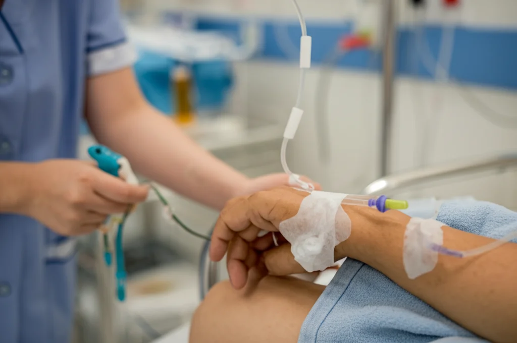 Fotografia di una flebo per chemioterapia pediatrica in un ambiente ospedaliero luminoso e rassicurante, obiettivo prime 35mm, profondità di campo ridotta per sfocare lo sfondo e concentrarsi sulla flebo e sulla mano di un infermiere, toni caldi e delicati.