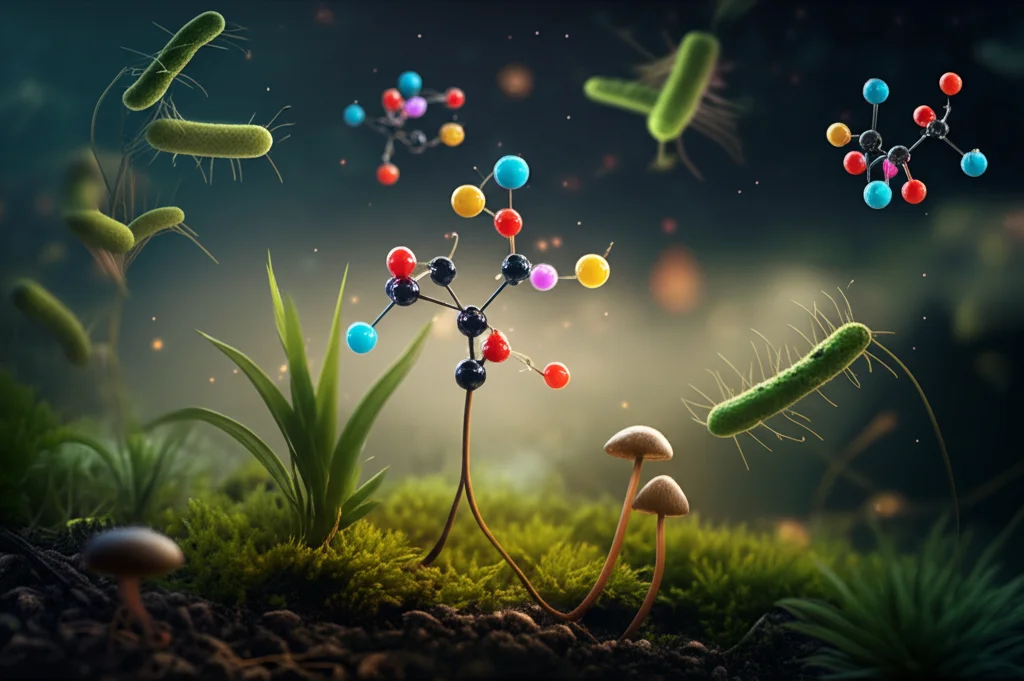 Immagine concettuale astratta che rappresenta molecole bioattive (come sfere luminose colorate) isolate da funghi, con sfondi che richiamano batteri stilizzati e piante di erbacce. Effetto bokeh, colori vibranti, focus selettivo su una molecola.