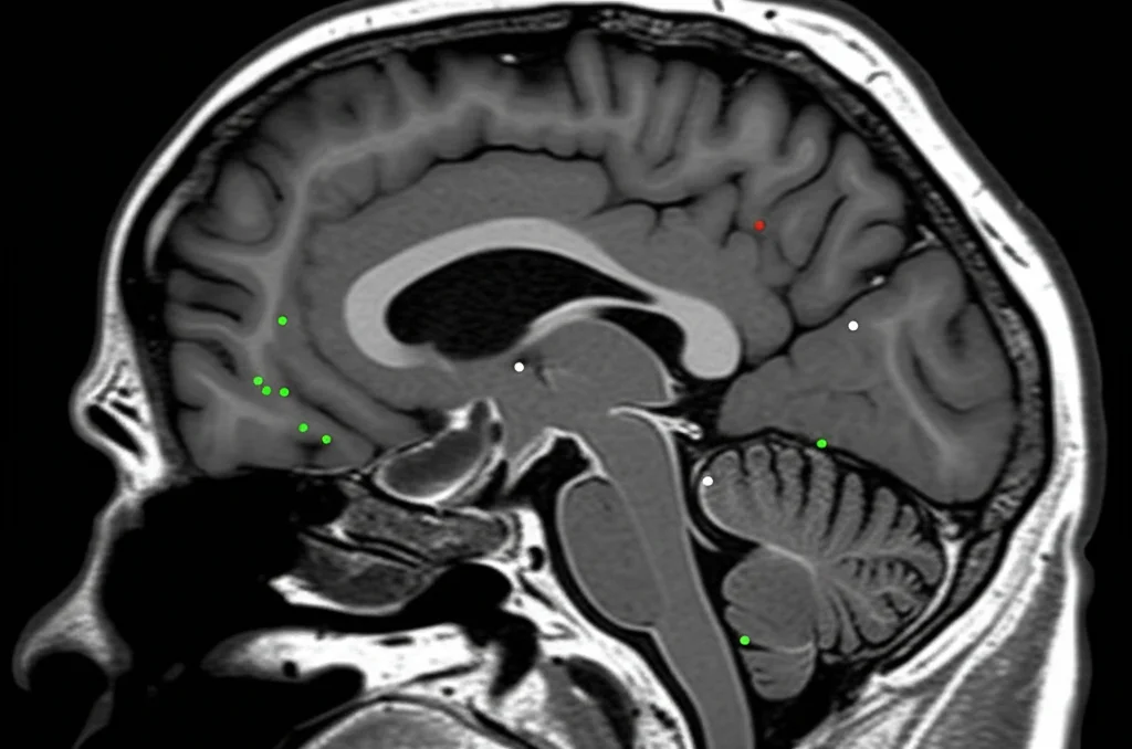 Immagine di risonanza magnetica del cervello umano che mostra chiaramente i gangli della base con evidenziati alcuni spazi perivascolari allargati (EPVS) come piccoli punti luminosi. Stile fotorealistico medico, alto dettaglio, focus nitido sui gangli della base, illuminazione neutra da scanner MRI.