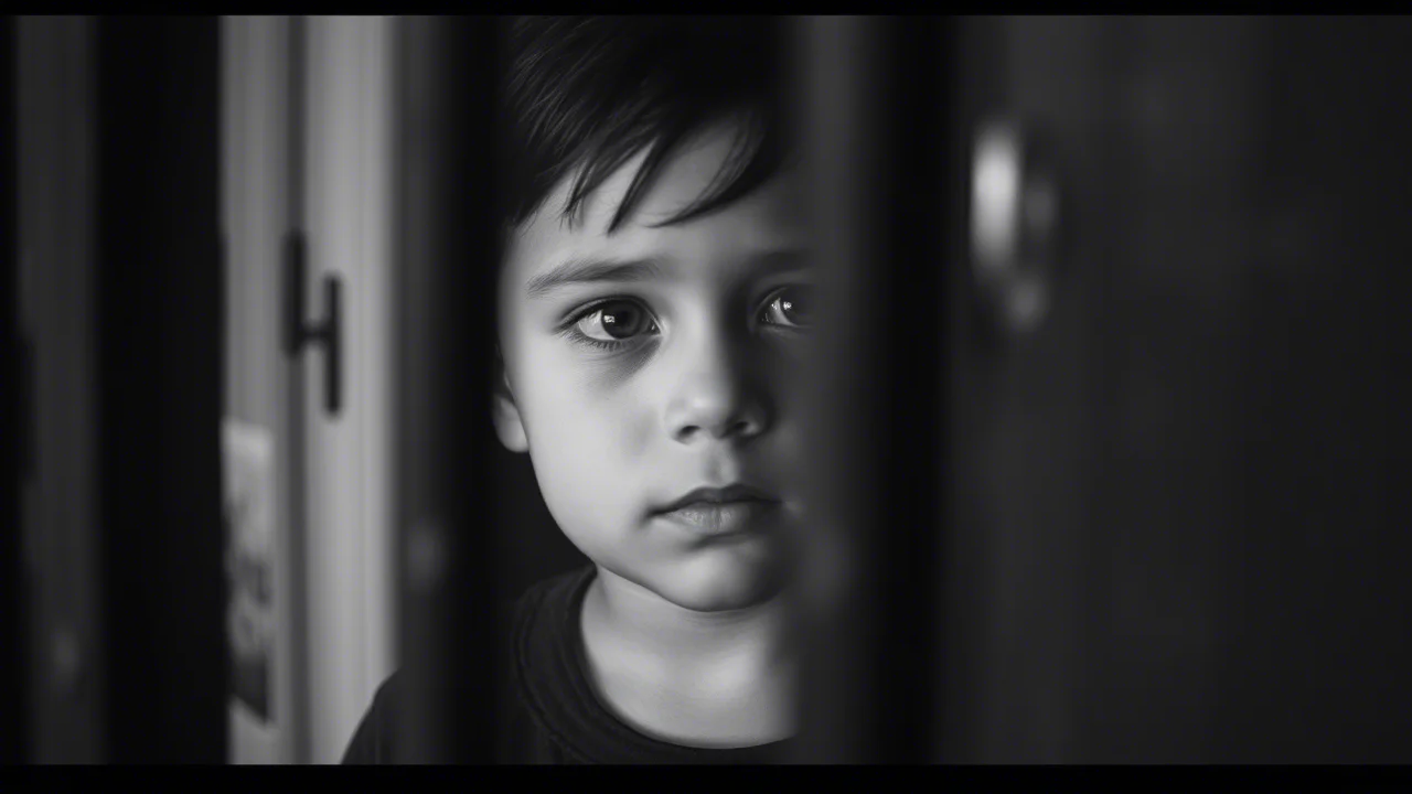 Ritratto fotografico in bianco e nero di un bambino dall'aria pensierosa, visto attraverso una finestra con le sbarre sfocate in primo piano, obiettivo 35mm, profondità di campo, stile film noir.