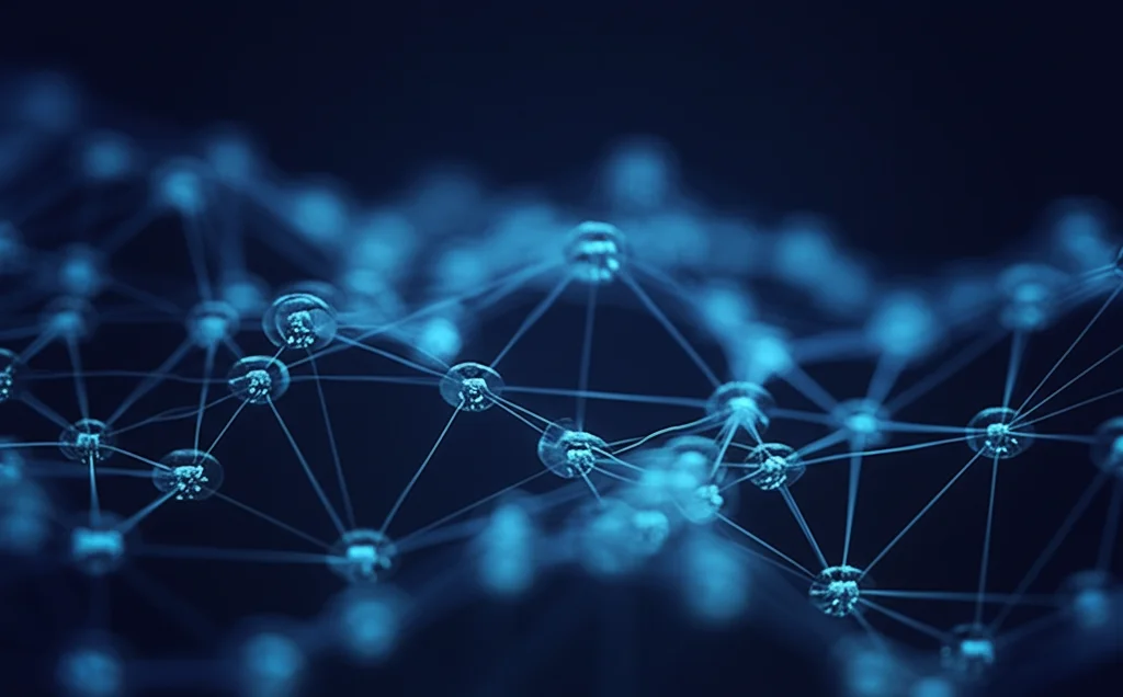 Visualizzazione astratta di un algoritmo di ottimizzazione ispirato alla natura, con nodi luminosi interconnessi che rappresentano agenti (scimpanzé) che esplorano uno spazio di ricerca complesso e multidimensionale blu scuro. Macro lens, 100mm, high detail, precise focusing, controlled lighting.