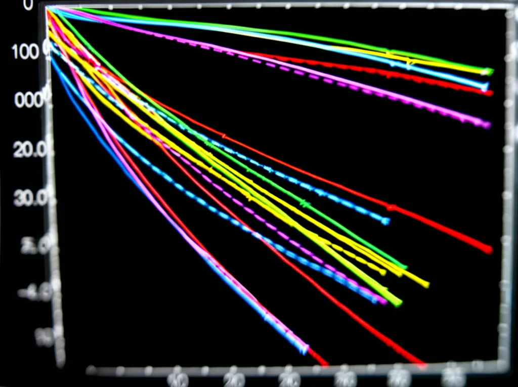 Grafico di convergenza fotorealistico su sfondo scuro che mostra diverse linee colorate (rappresentanti algoritmi diversi) che scendono verso un valore ottimale minimo. La linea rappresentante Ex-ChOA scende più ripidamente e raggiunge un valore inferiore. Wide-angle, 20mm, sharp focus, long exposure.