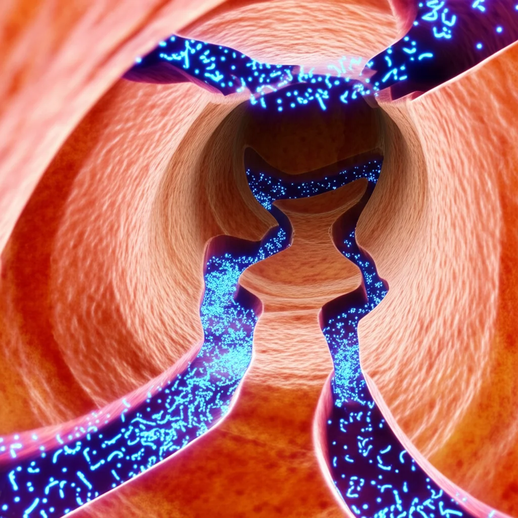 Illustrazione concettuale fotorealistica del sistema glinfatico nel cervello umano. Si vedono vasi sanguigni circondati da spazi (PVS) attraverso cui fluisce il liquido cerebrospinale (rappresentato da particelle luminose bluastre) che 'lava' il tessuto cerebrale. Dettaglio macro, illuminazione suggestiva, colori vivaci per il fluido.