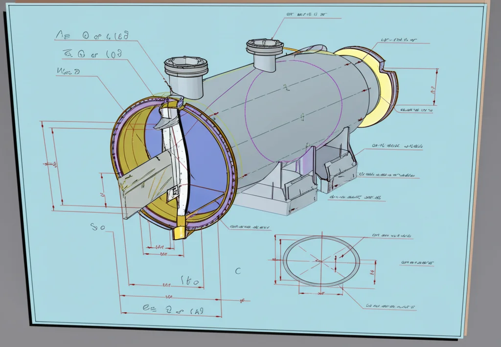 Illustrazione fotorealistica di un problema di ingegneria complesso, come la progettazione ottimizzata di un recipiente a pressione cilindrico con estremità emisferiche, visualizzato con schemi tecnici dettagliati e quote. Prime lens, 35mm, depth of field, high detail.