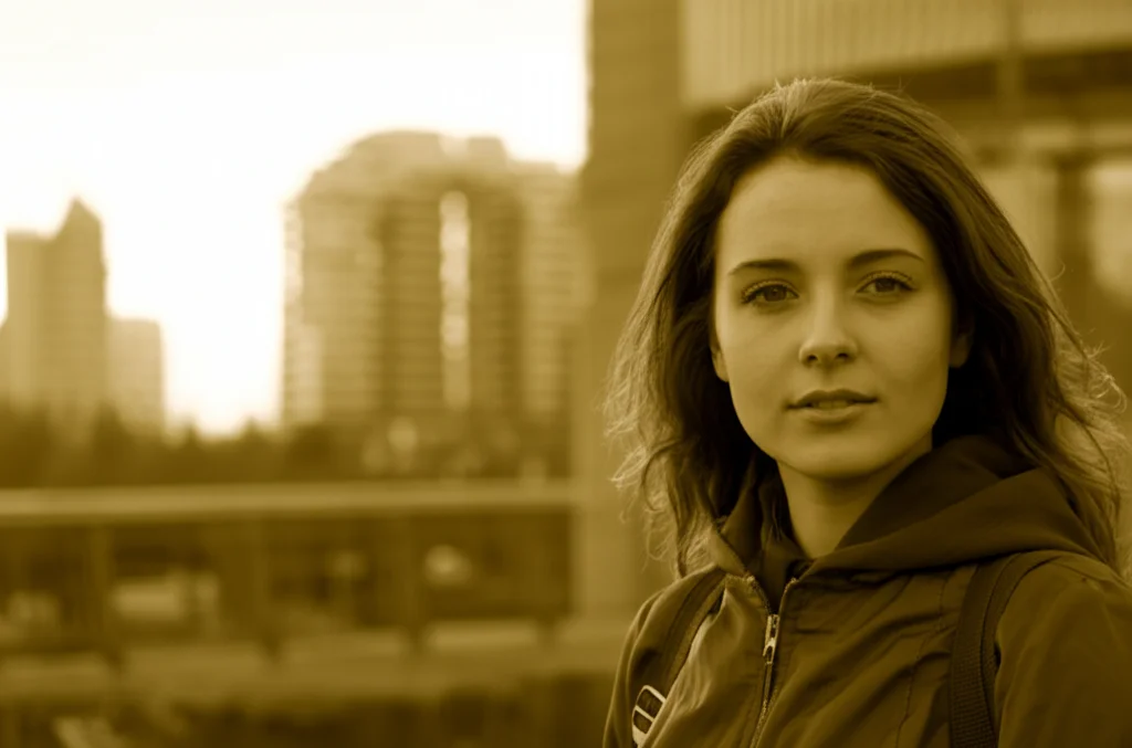 Ritratto fotografico a colori caldi, duotone seppia e ocra, di una giovane donna adulta che guarda con determinazione e speranza verso il futuro, lo sfondo di una città moderna leggermente sfocato, obiettivo 50mm, profondità di campo ridotta per enfatizzare il soggetto.