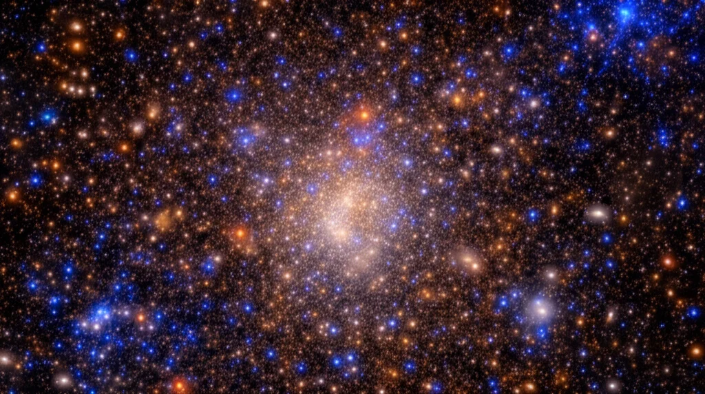 Visualizzazione 3D ultra-realistica della distribuzione su larga scala delle galassie mappate da DESI. Filamenti cosmici luminosi collegano ammassi densi di galassie, illustrando la struttura a 'ragnatela cosmica' e le Oscillazioni Acustiche Barioniche (BAO) come fluttuazioni di densità. Wide-angle 10mm, sharp focus, rendering basato su dati scientifici.