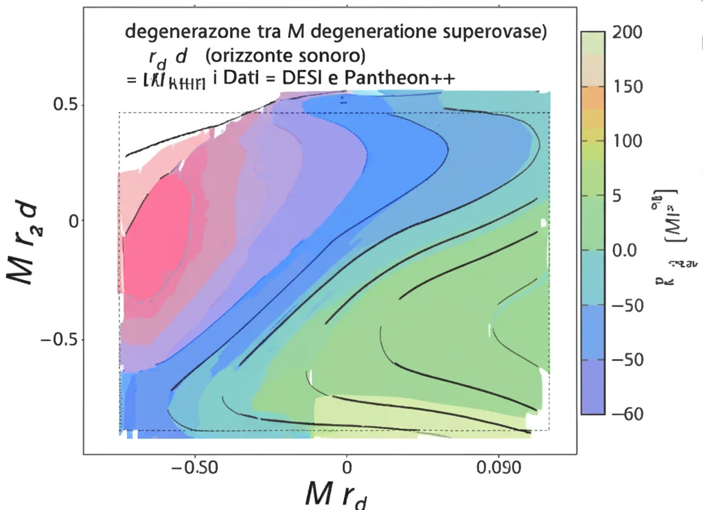 Grafico scientifico astratto che visualizza la degenerazione tra M (magnitudine supernovae) e r_d (orizzonte sonoro). Contorni di confidenza colorati su un piano M-r_d mostrano come diverse combinazioni di questi parametri siano compatibili con i dati DESI e Pantheon+, illustrando la loro interdipendenza nel determinare H0. Stile infografica scientifica, alta risoluzione.