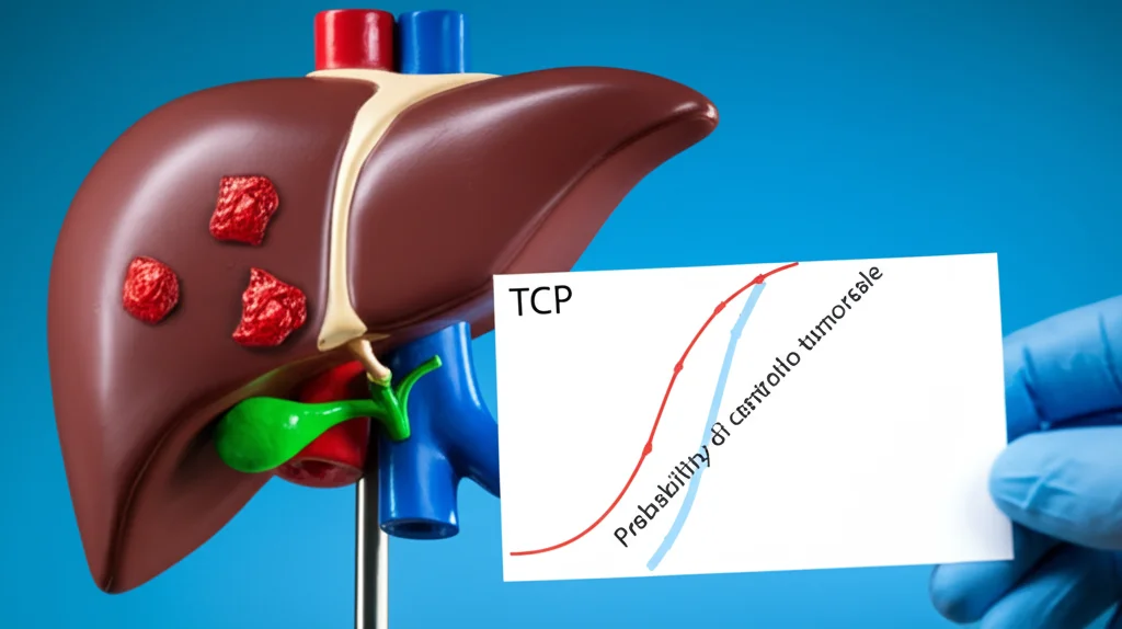 Primo piano macro di un modello 3D del fegato con evidenziate in rosso delle metastasi. Accanto, un grafico stilizzato che mostra una curva di probabilità di controllo tumorale (TCP) in salita all'aumentare della dose. Illuminazione da studio, obiettivo macro 90mm, alta definizione sui dettagli del modello e del grafico.