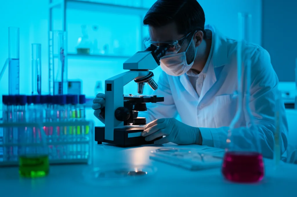 Fotografia di un ricercatore in laboratorio che esamina un campione fecale al microscopio ottico. Luce intensa dal microscopio, provette e attrezzatura da laboratorio sullo sfondo. Obiettivo prime 50mm, profondità di campo ridotta.