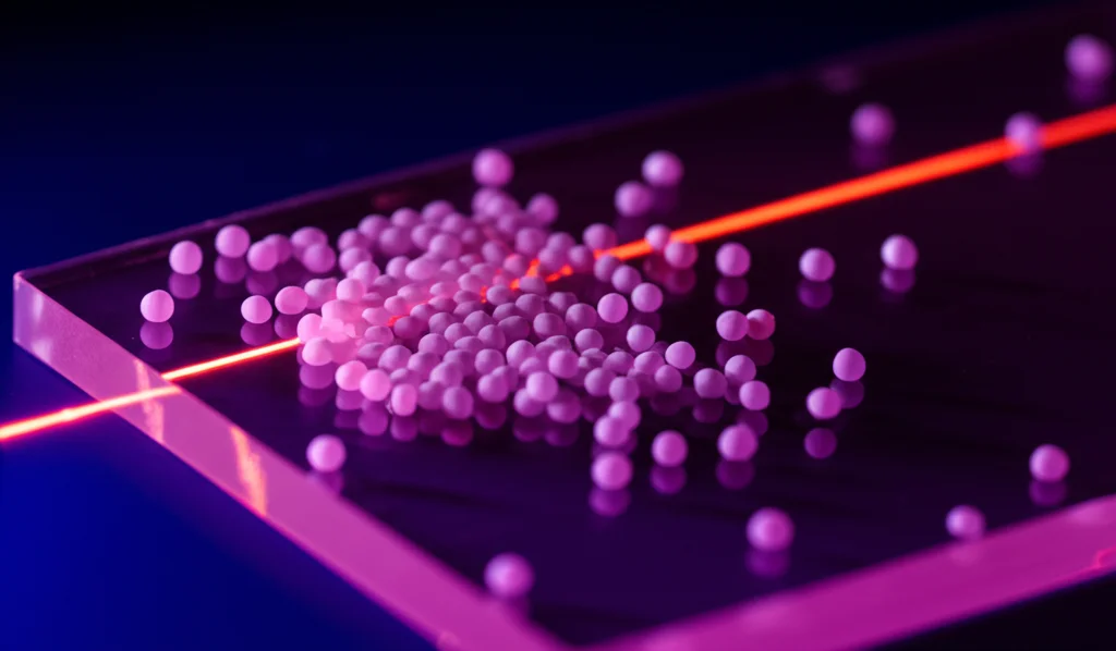Macro fotografia, lente 100mm, primo piano di un fascio laser a femtosecondi che colpisce con precisione minuscole microsfere di polistirene (15µm) su una lastrina di vetro, alcune sfere vengono vaporizzate o espulse, illuminazione controllata che evidenzia la precisione, effetto sottile di sovrapposizione dati AI. High detail, precise focusing, controlled lighting.