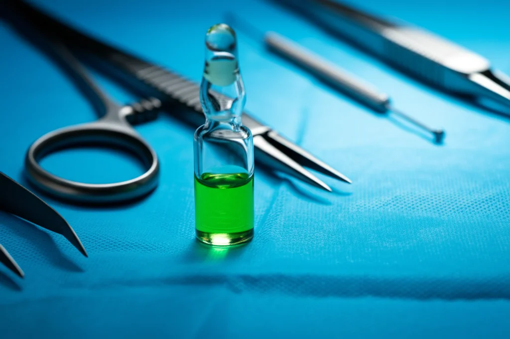 Primo piano di un flaconcino di vetro contenente colorante chirurgico verde (Indocianina Verde - ICG) appoggiato su un telo chirurgico sterile blu, accanto a strumenti oftalmici metallici come pinze e forbici microchirurgiche. Luce chirurgica intensa che crea riflessi sul vetro e sugli strumenti, lente macro 100mm, alta definizione dei dettagli.