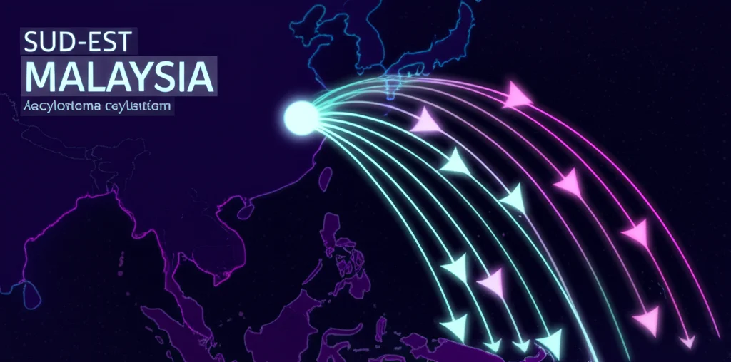 Mappa stilizzata del Sud-est asiatico con frecce luminose che indicano il flusso genico di Ancylostoma ceylanicum tra Malesia, Thailandia e Cambogia. Grafica digitale, colori vivaci su sfondo scuro.