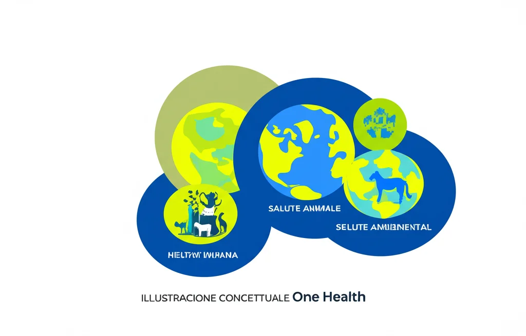 Illustrazione concettuale dell'approccio One Health: tre cerchi interconnessi rappresentanti la salute umana, la salute animale e la salute ambientale, con icone stilizzate all'interno. Design pulito e moderno.