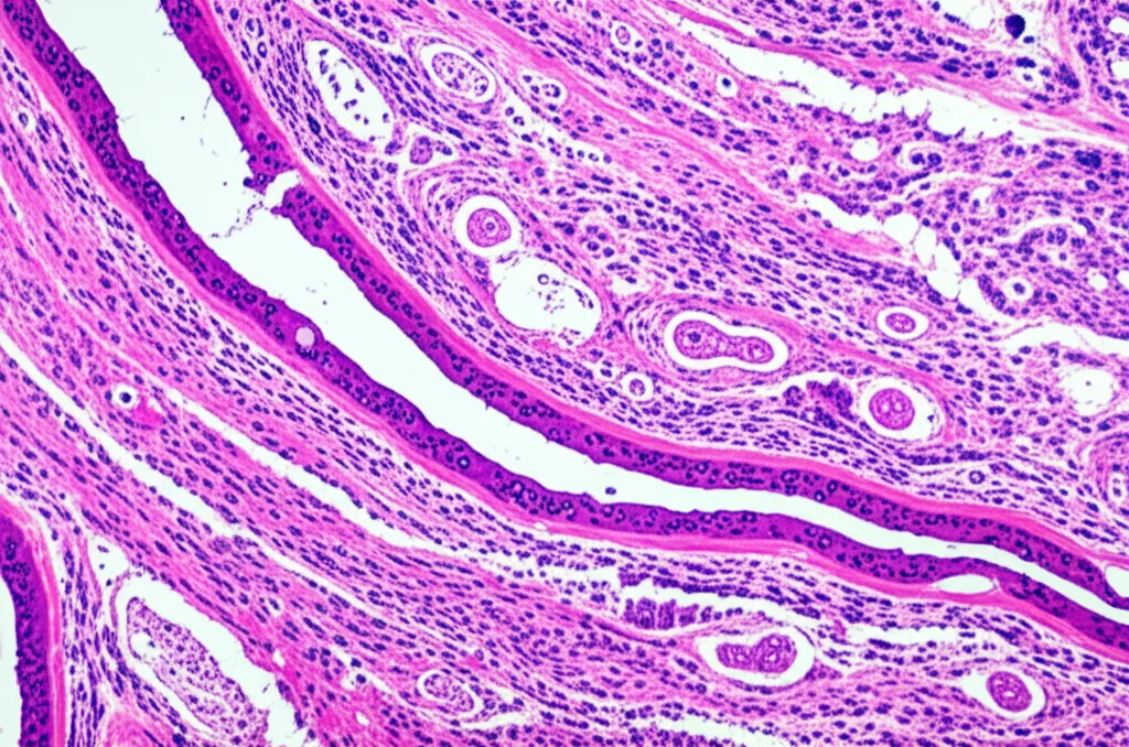 Lenti macro, 90 mm, dettagli elevati, illuminazione controllata, primo piano della sezione dei tessuti renali umani che mostrano segni di lesioni acute (SAKI), con infiammazione glomerulare visibile, tubuli danneggiati con perdita di bordo del pennello e sottile infiltrazione di cellule immunitarie come neutrofili.