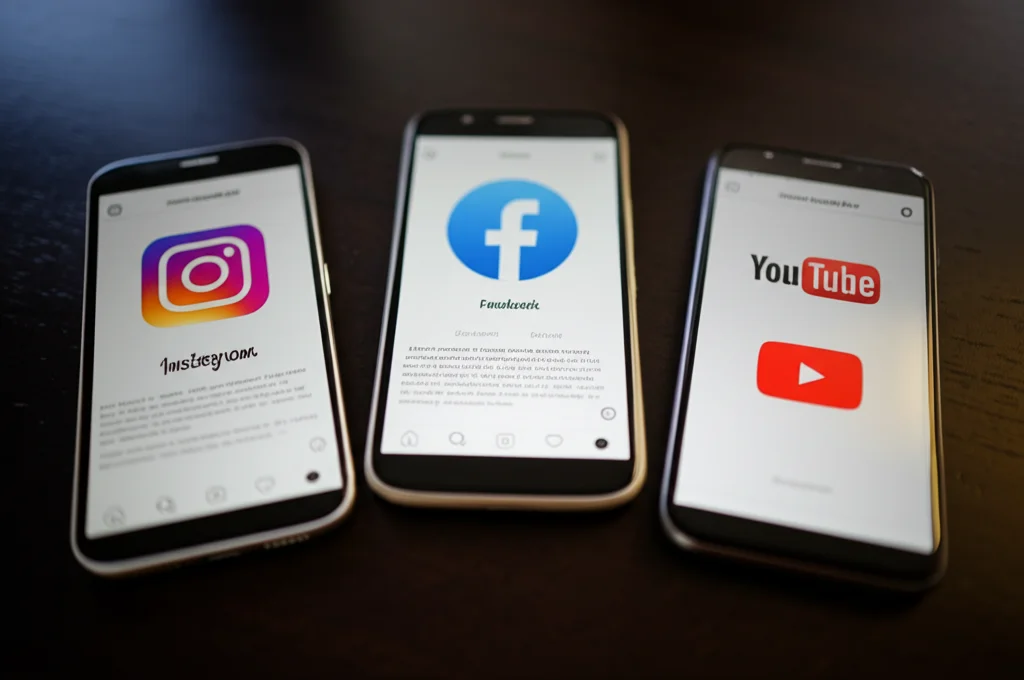 Composizione still life con tre smartphone affiancati su un tavolo di legno scuro, ognuno mostra l'interfaccia di Instagram, YouTube e Facebook con profili di influencer diversi, macro lens 100mm, illuminazione da studio precisa che evidenzia i dettagli delle UI, alta definizione, a simboleggiare le differenze specifiche tra le piattaforme nell'influencer marketing.