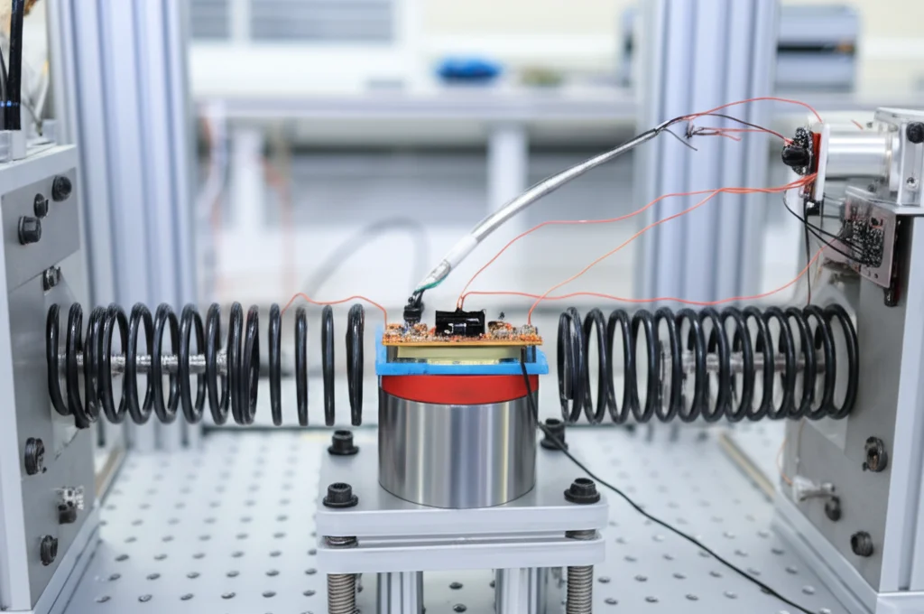 Immagine fotorealistica di un sistema massa-molla-smorzatore su un banco di prova da laboratorio high-tech. La massa metallica è visibile al centro, collegata a due molle elicoidali non lineari in serie (una dopo l'altra) a una parete fissa sulla sinistra. Un dispositivo piezoelettrico a forma di piastrina è montato sulla massa. Fili sottili collegano il piezo a un circuito elettronico esterno con resistenze e condensatori visibili. Illuminazione controllata da laboratorio, obiettivo macro 85mm, alta definizione, dettagli nitidi sui componenti meccanici ed elettronici, sfondo leggermente sfocato.