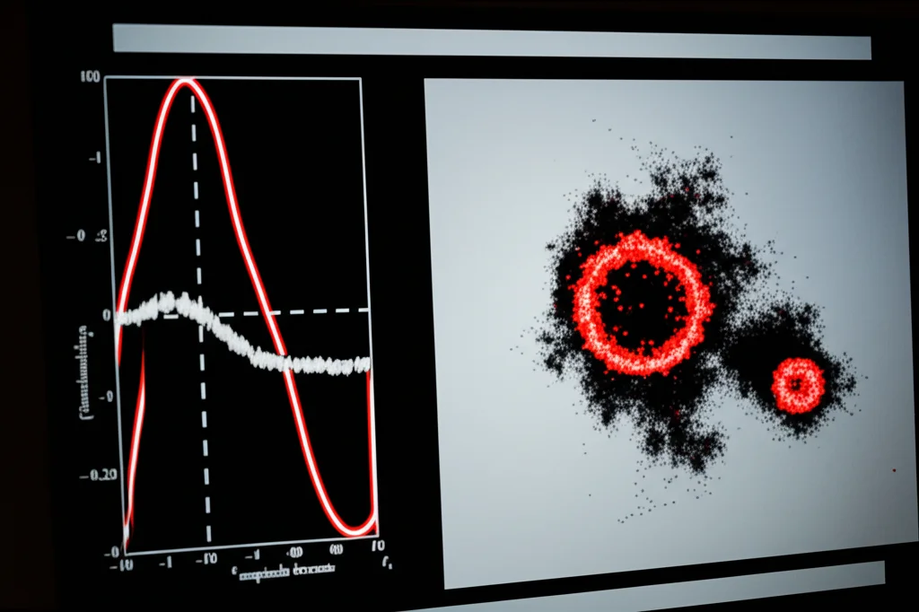 Diagramma di biforcazione fotorealistico che emerge da uno sfondo digitale scuro. L'asse orizzontale rappresenta l'ampiezza della forzante 'f', l'asse verticale lo spostamento 'x2'. Si vede chiaramente la transizione da una linea singola (periodico) a due linee, poi a bande dense (caos). Accanto, una mappa di Poincaré stilizzata su uno schermo virtuale, con punti rossi luminosi che formano prima un anello chiuso (periodico) e poi si disperdono in una figura frattale complessa (caos). Obiettivo grandangolare 24mm, effetto 'film noir' con contrasto elevato tra le linee luminose e lo sfondo scuro, profondità di campo.