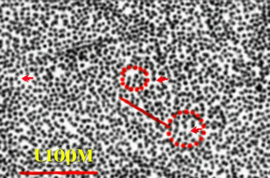 Micrografia elettronica ad alta risoluzione di una cellula staminale mesenchimale ossea (BMSC) che mostra i segni iniziali della ferroptosi indotta da stress ossidativo. Si notano mitocondri più piccoli e densi (frecce rosse), caratteristici di questo processo. Lente macro 100mm, alta definizione, illuminazione controllata per evidenziare le strutture subcellulari.