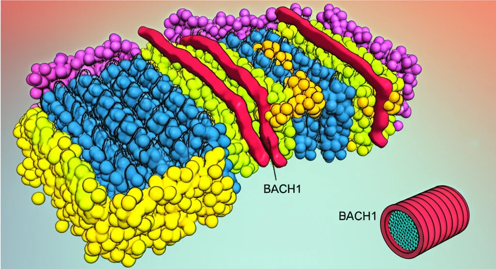 Illustrazione 3D schematica che mostra la proteina Prominin-2 sulla membrana cellulare che interagisce con la proteina BACH1, facilitando l'attacco di molecole di ubiquitina (piccole sfere gialle) a BACH1, marcandola per la degradazione da parte del proteasoma (struttura a barile in background). L'immagine ha colori vivaci e un aspetto scientifico ma chiaro.