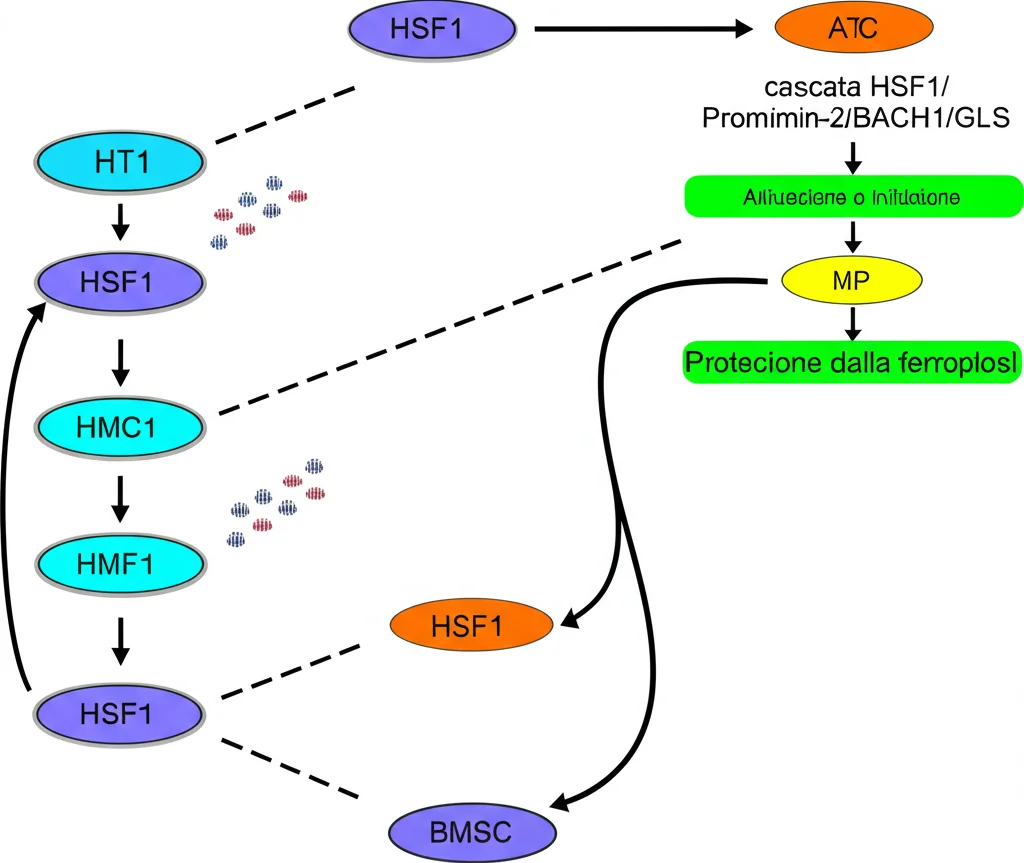 Diagramma di flusso scientifico che illustra la cascata di segnali HSF1/Prominin-2/BACH1/GLS. Frecce indicano attivazione o inibizione tra le molecole, culminando nella protezione dalla ferroptosi nelle BMSC. Grafica chiara con icone rappresentative per ogni proteina/processo.