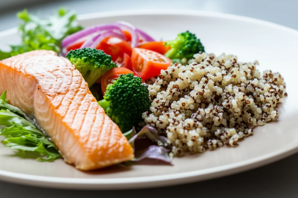 Fotografia di cibo salutare, un piatto colorato con salmone grigliato, quinoa e verdure fresche (broccoli, pomodorini), illuminazione naturale controllata da finestra laterale, obiettivo macro 60mm, alta definizione dei dettagli e delle texture del cibo, focus preciso sul salmone.