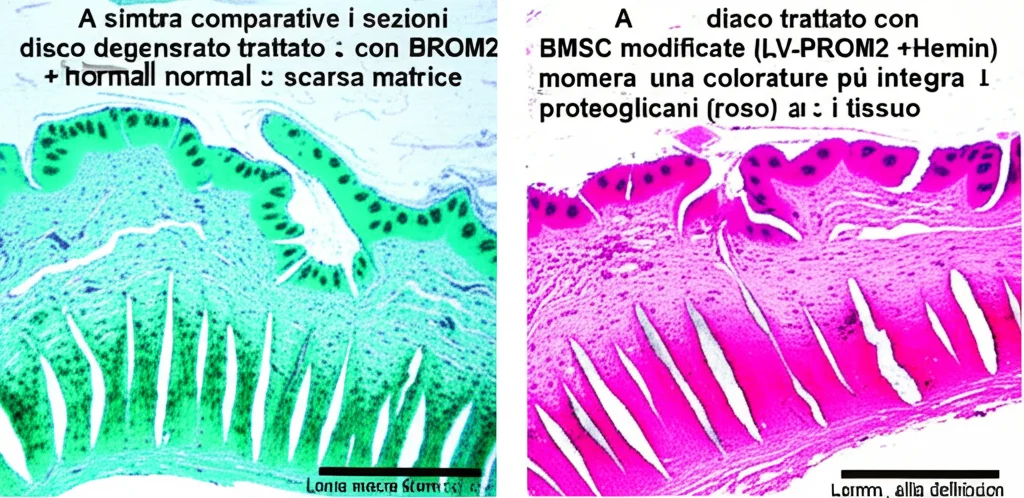 Immagini comparative di sezioni istologiche di dischi intervertebrali di ratto colorate con Safranin O-fast green. A sinistra, un disco degenerato trattato con BMSC normali mostra scarsa matrice. A destra, un disco trattato con BMSC modificate (LV-PROM2 + Hemin) mostra una struttura più integra e una colorazione più intensa per i proteoglicani (rosso/arancio), indicando una migliore salute del tessuto. Lente macro 60mm, alta definizione.