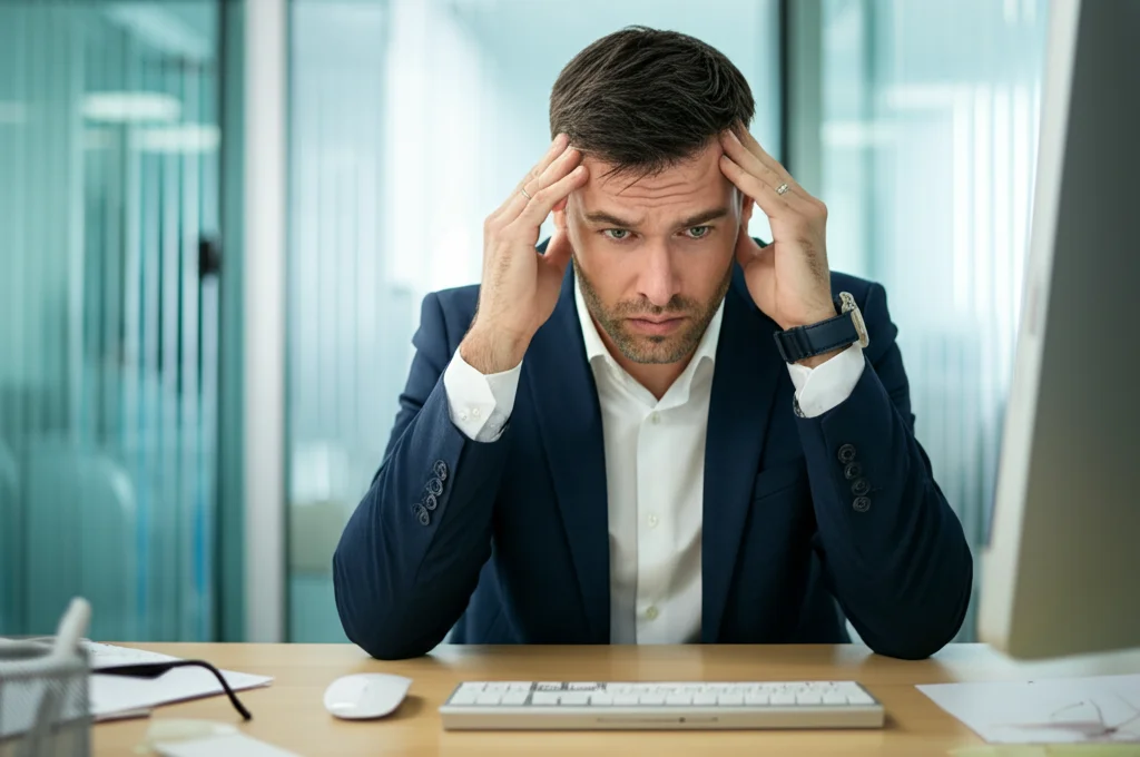 Un impiegato d'ufficio dall'aspetto stressato, seduto alla scrivania in un ufficio moderno e luminoso, si tiene la testa tra le mani. Fotografia ritratto, obiettivo 35mm, profondità di campo ridotta per sfocare lo sfondo, illuminazione d'ufficio naturale ma leggermente drammatica.