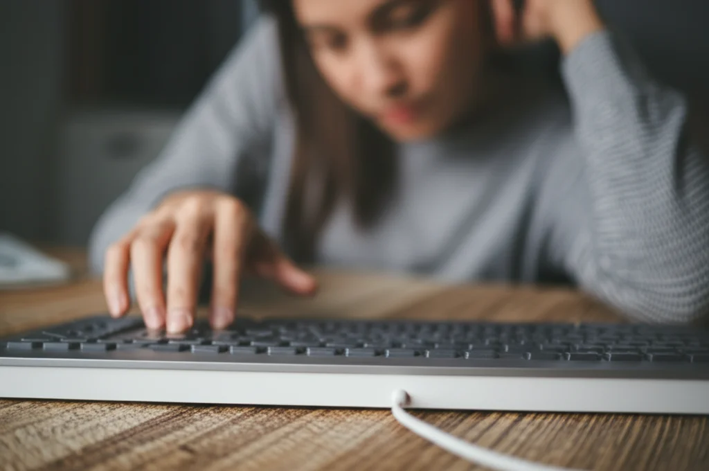 Primo piano di una tastiera di computer con mani che scrivono esitanti; sullo sfondo sfocato, si intravede il volto pallido e stanco di una persona. Macro lens 85mm, high detail, luce soffusa da ufficio, focus preciso sulle mani e la tastiera.