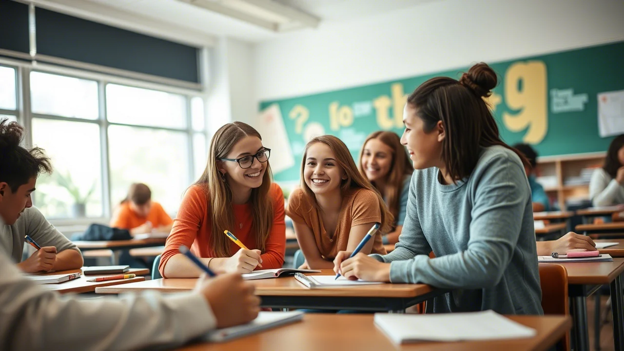 Fotografia di un gruppo di adolescenti in un'aula scolastica luminosa, impegnati in un'attività di gruppo collaborativa. Alcuni scrivono su fogli, altri discutono sorridendo. Obiettivo zoom 35-70mm, luce naturale diffusa, focus selettivo su un piccolo gruppo al centro. #adolescenti #scuola #gratitudine #intervento #collaborazione