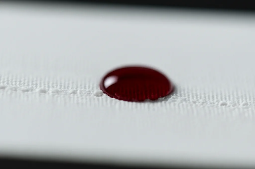 Primo piano macro di una goccia di sangue essiccato su carta assorbente per lo screening neonatale, illuminazione controllata, alta definizione, lente macro 90mm, che simboleggia la ricerca di biomarcatori precoci.