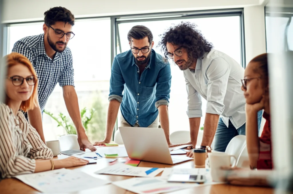 Un gruppo diversificato di colleghi sorridenti che collaborano attorno a un tavolo in una sala riunioni luminosa e moderna, atmosfera positiva e costruttiva. Obiettivo zoom 24-70mm impostato a 35mm, luce naturale dalle finestre, colori vivaci.