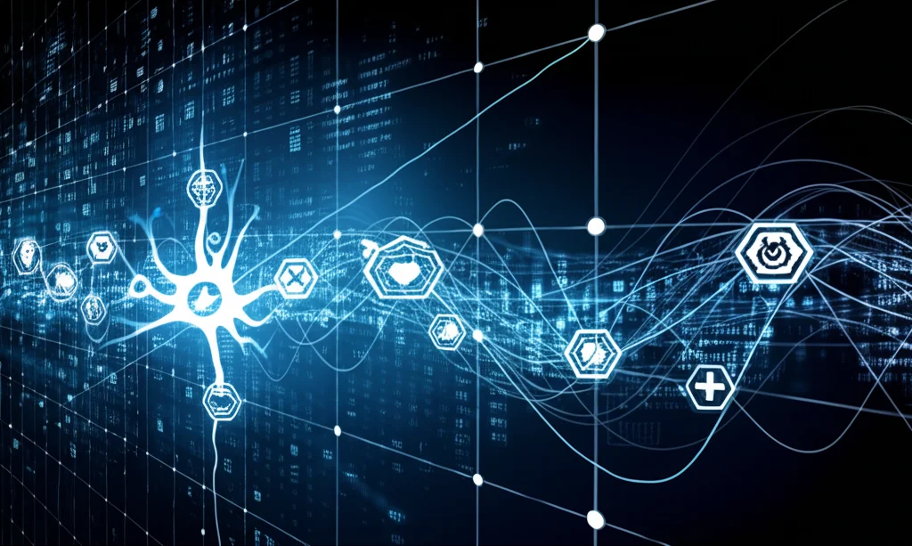 Visualizzazione astratta di reti neurali luminose che collegano diversi tipi di dati (icone cliniche, immagini MRI, pattern istologici) convergendo verso un punto centrale. Sfondo scuro high-tech, linee di dati brillanti. Potrebbe usare elementi di 'long exposure' per le linee luminose.