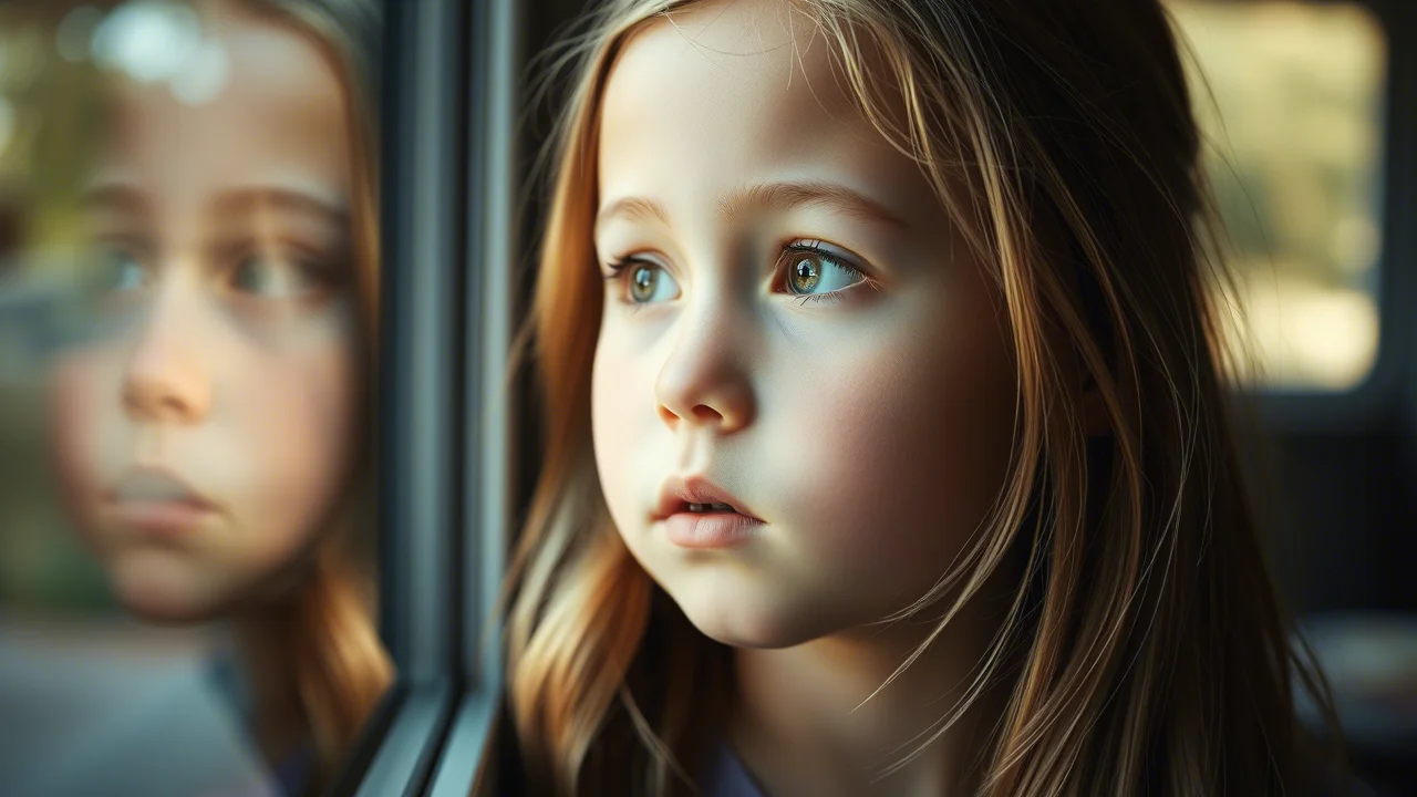 Primo piano del volto di un'adolescente che guarda pensierosa fuori da una finestra, luce morbida sul viso. Obiettivo prime 85mm, profondità di campo ridotta, bokeh sullo sfondo, toni caldi. #adolescente #pensieri #gratitudine #emozioni #riflessione