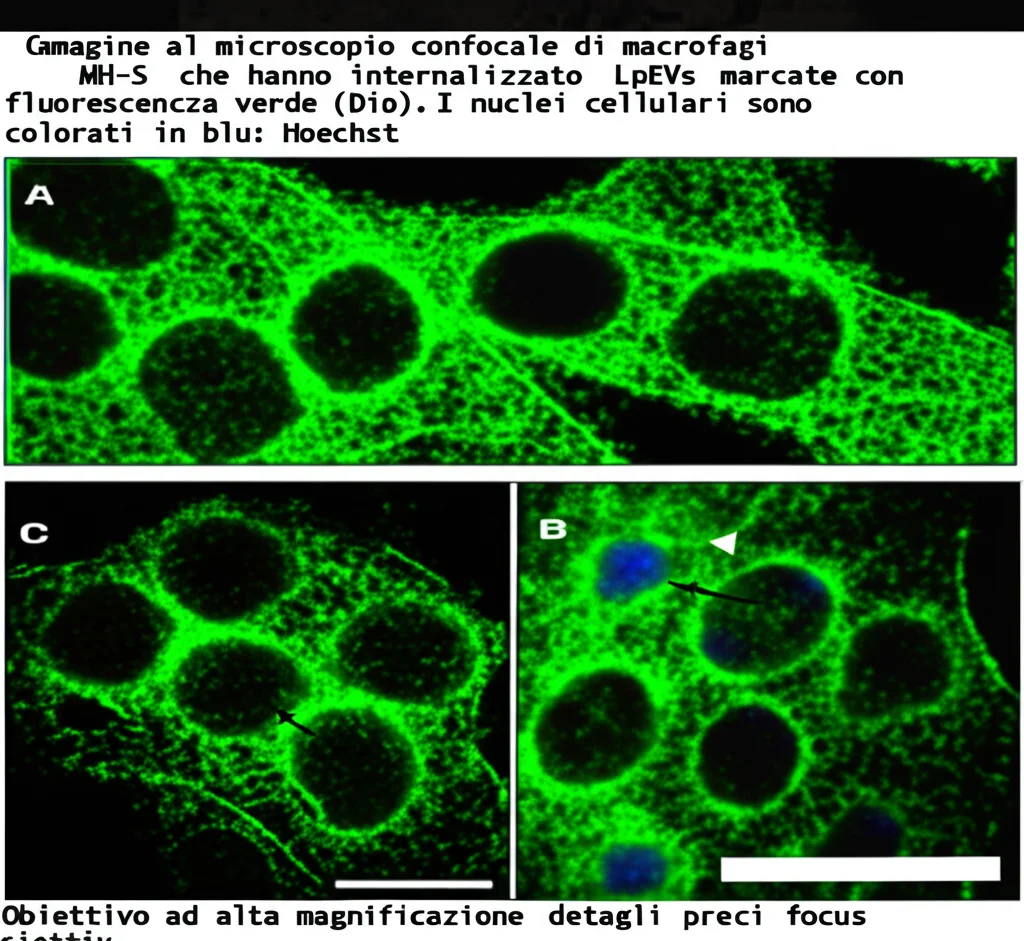 Immagine al microscopio confocale di macrofagi MH-S che hanno internalizzato LpEVs marcate con fluorescenza verde (Dio). I nuclei cellulari sono colorati in blu (Hoechst). Obiettivo ad alta magnificazione, dettagli precisi, focus selettivo.