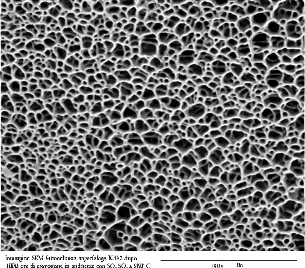Immagine SEM fotorealistica della superficie della superlega K452 dopo 1000 ore di corrosione in ambiente con SO2 a 900°C. Si notano chiaramente crateri di corrosione interconnessi e una superficie irregolare. Obiettivo ad alta magnificazione, illuminazione da laboratorio, alta definizione.